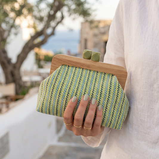 Kaia | Women’s Boho Woven Clutch Bag with Wooden Frame Bag