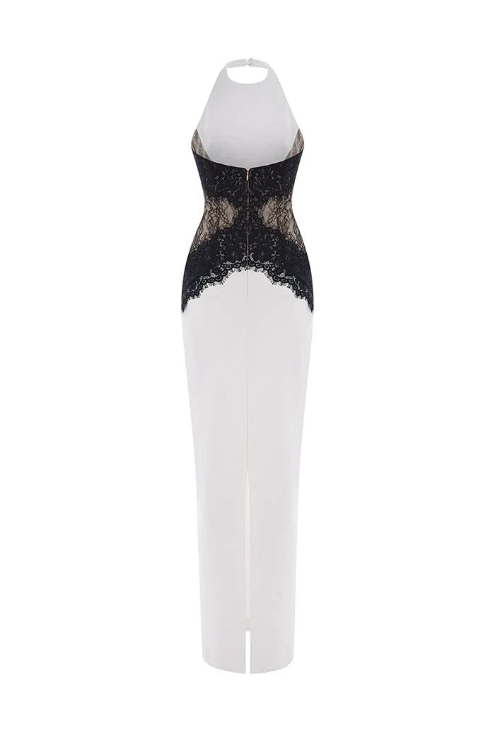 Kaira | Women's High-Neck Halter Backless Lace Maxi Dress
