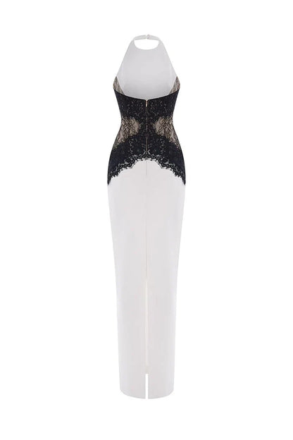 Kaira | Women's High-Neck Halter Backless Lace Maxi Dress