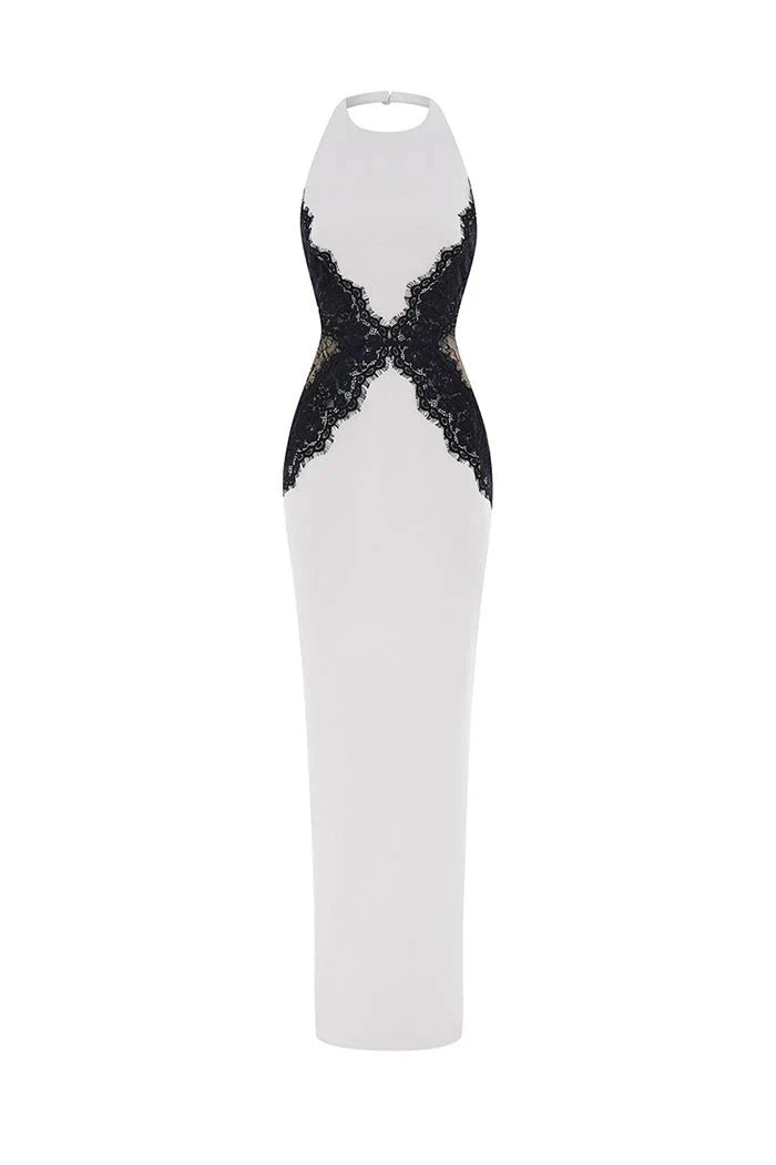 Kaira | Women's High-Neck Halter Backless Lace Maxi Dress
