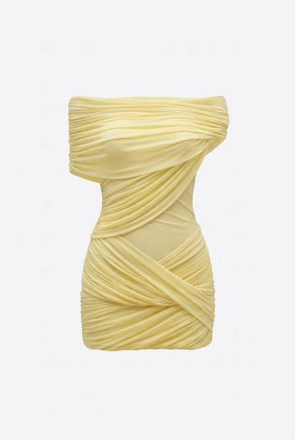 Kaithlyn | Women’s Off-Shoulder Ruched Mesh Panel Mini Party Dress