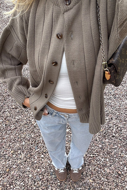 Keely | Women's Ribbed Knit Button Front Crew Neck Cardigan