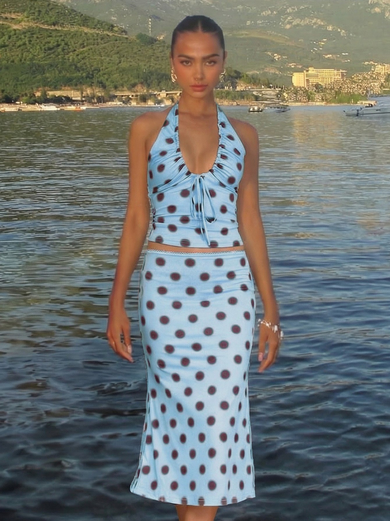 Layla | Women’s Polka Dot Halter Top and Midi Skirt Set