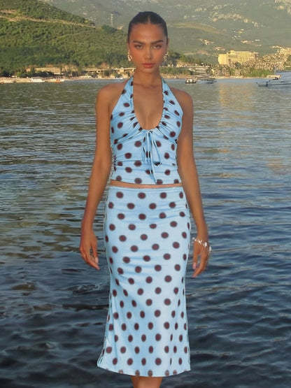 Layla | Women’s Polka Dot Halter Top and Midi Skirt Set