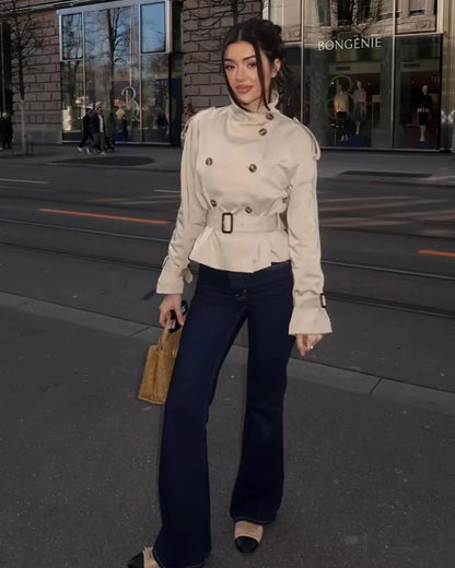 Leslie | Women's Belted Double Breasted High Neck Jacket Trench Coat
