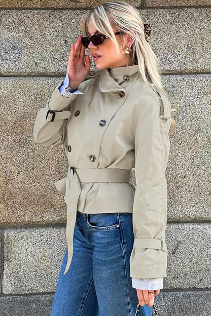 Leslie | Women's Belted Double Breasted High Neck Jacket Trench Coat