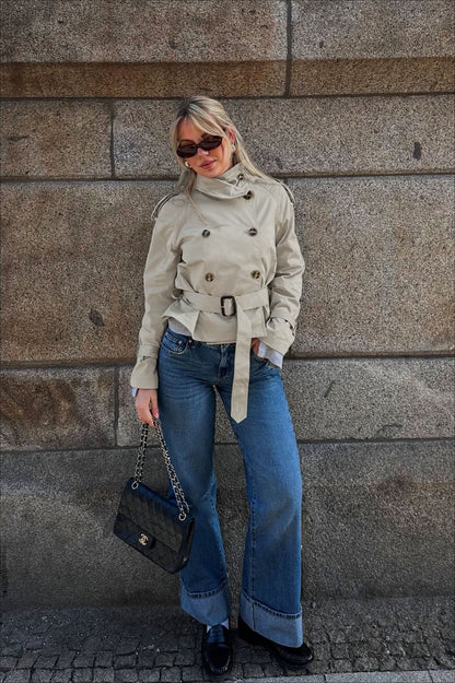Leslie | Women's Belted Double Breasted High Neck Jacket Trench Coat