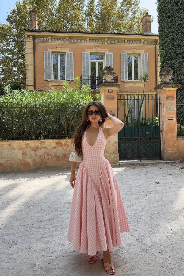 Liora | Women's Sleeveless Halter-neck Gingham Midi Summer Dress