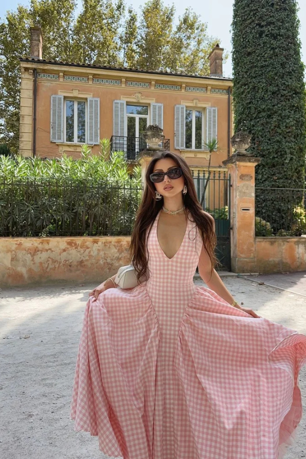 Liora | Women's Sleeveless Halter-neck Gingham Midi Summer Dress