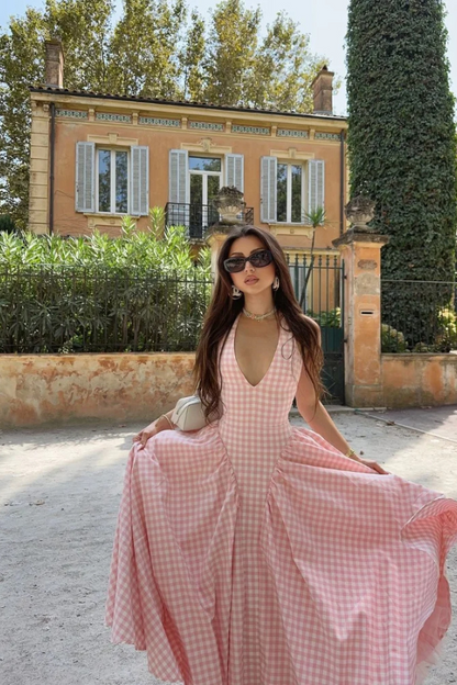 Liora | Women's Sleeveless Halter-neck Gingham Midi Summer Dress