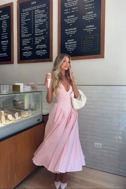 Liora | Women's Sleeveless Halter-neck Gingham Midi Summer Dress