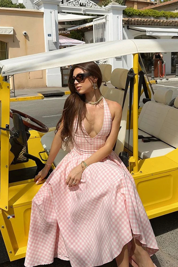 Liora | Women's Sleeveless Halter-neck Gingham Midi Summer Dress
