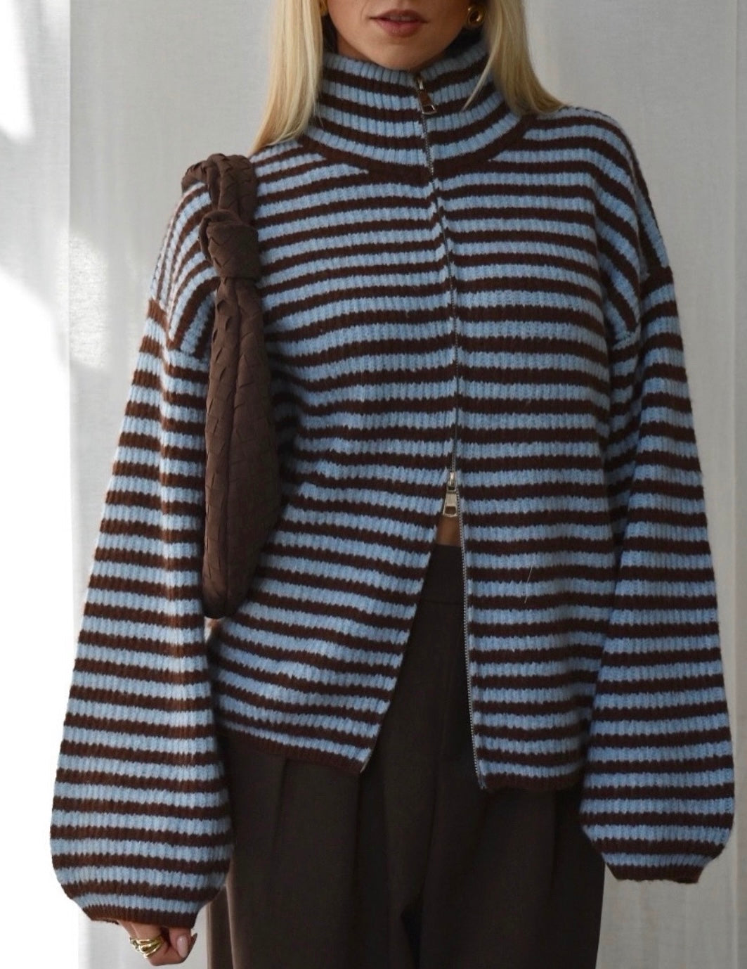 Maren | Women's Oversized Striped Zip Up Knit Cardigan