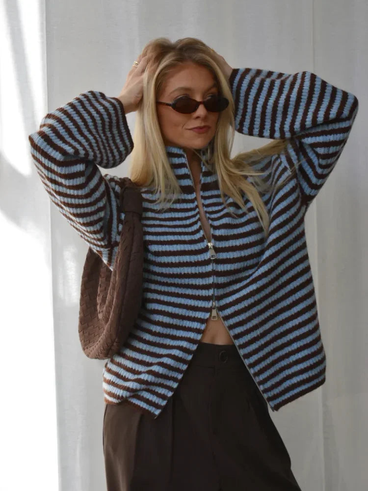 Maren | Women's Oversized Striped Zip Up Knit Cardigan