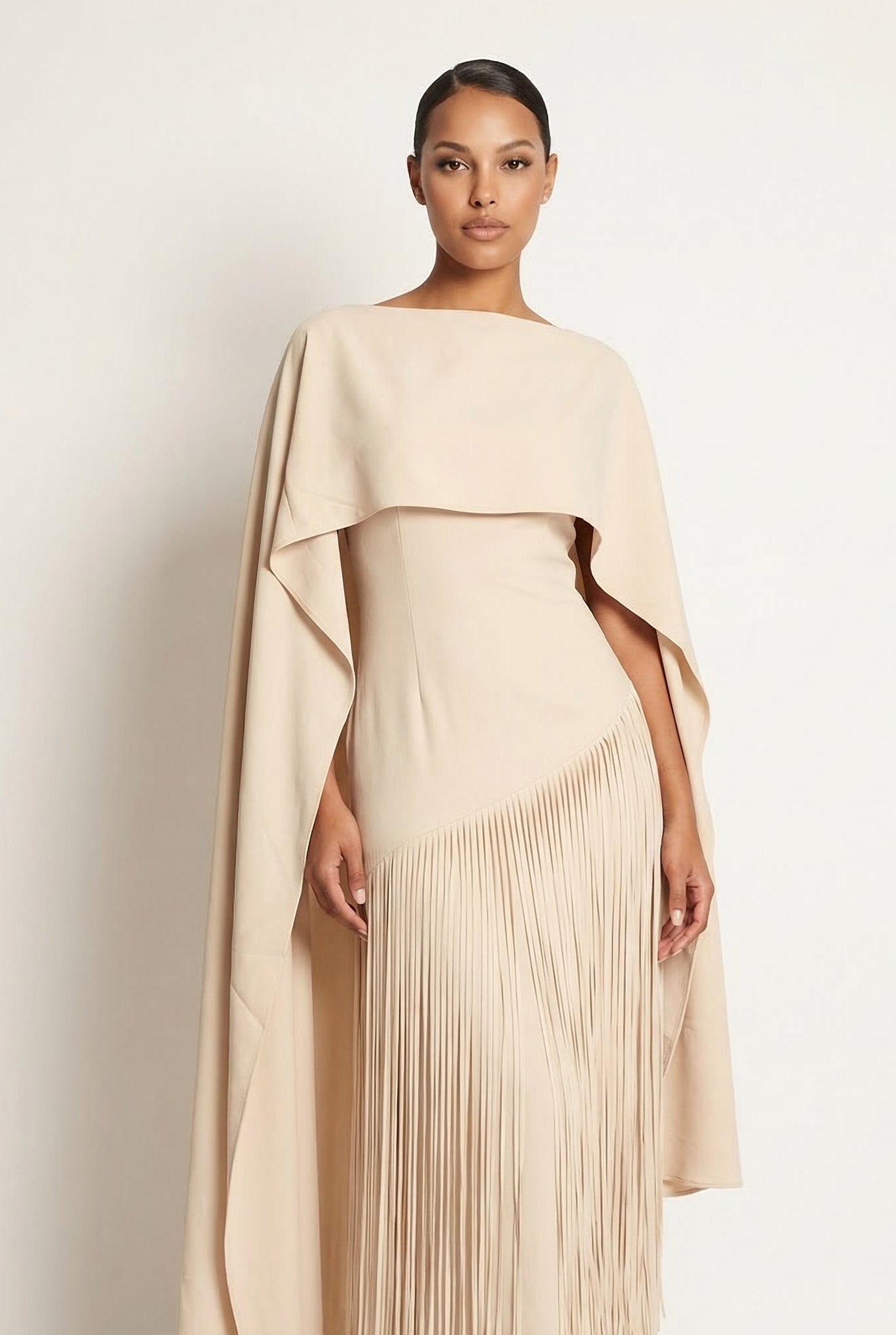 Mariah | Women’s Cape Sleeve Fringe Maxi Evening Wedding Guest Dress