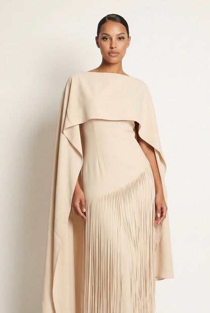 Mariah | Women’s Cape Sleeve Fringe Maxi Evening Wedding Guest Dress