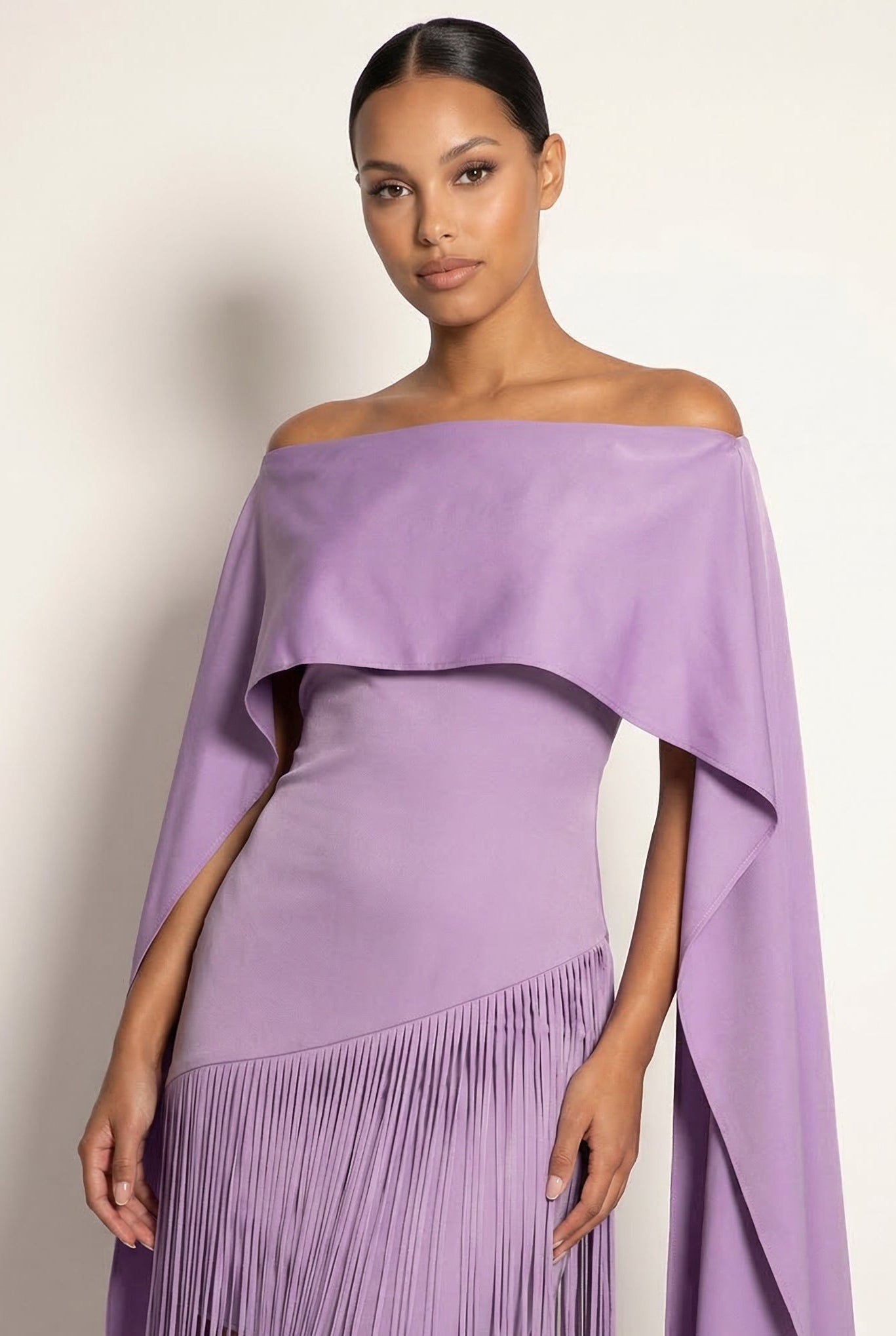 Mariah | Women’s Cape Sleeve Fringe Maxi Evening Wedding Guest Dress