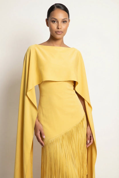 Mariah | Women’s Cape Sleeve Fringe Maxi Evening Wedding Guest Dress
