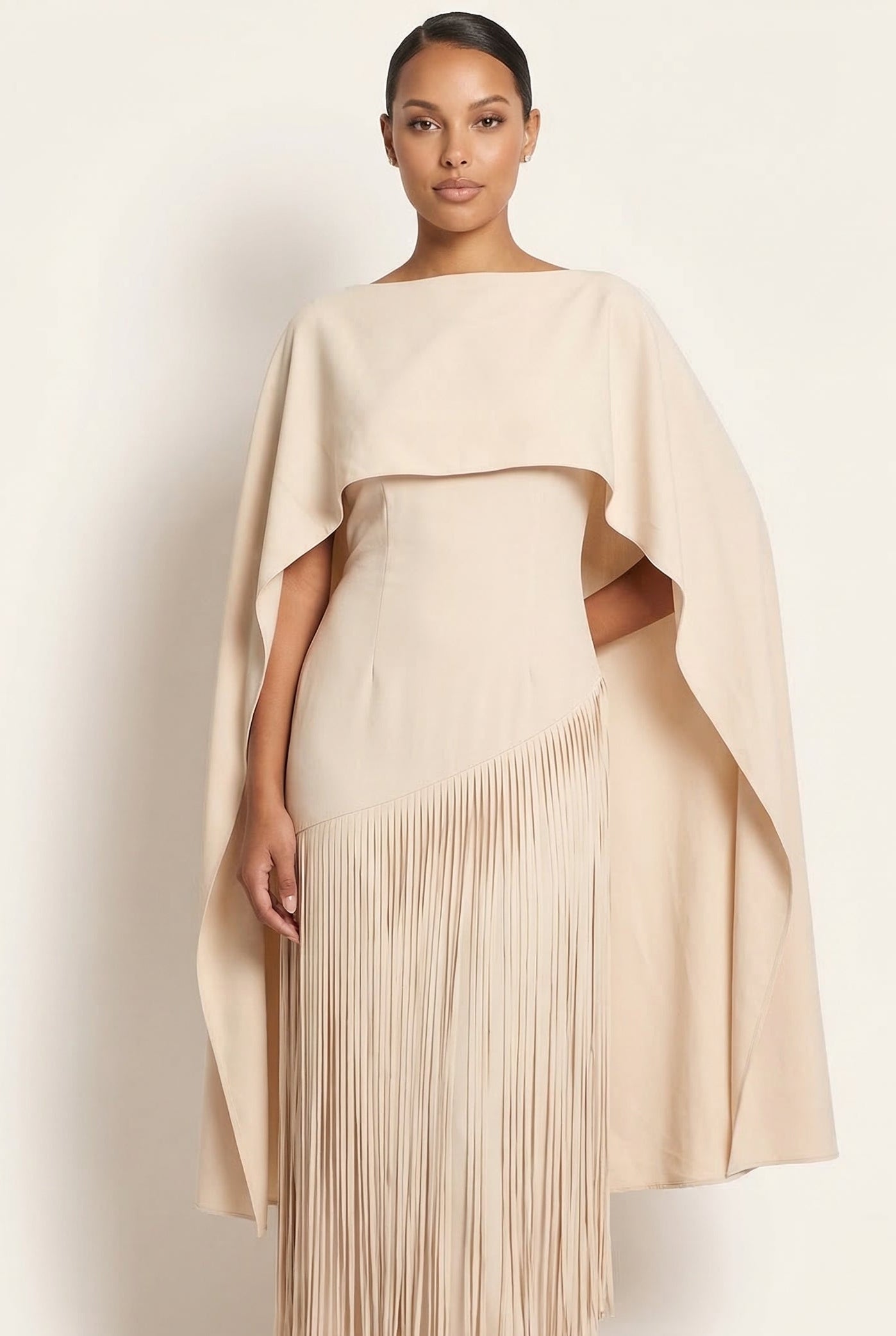 Mariah | Women’s Cape Sleeve Fringe Maxi Evening Wedding Guest Dress