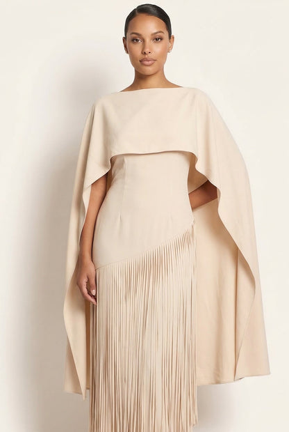 Mariah | Women’s Cape Sleeve Fringe Maxi Evening Wedding Guest Dress