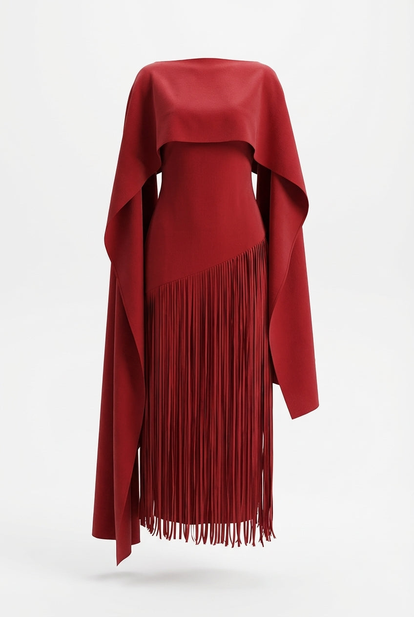 Mariah | Women’s Cape Sleeve Fringe Maxi Evening Wedding Guest Dress