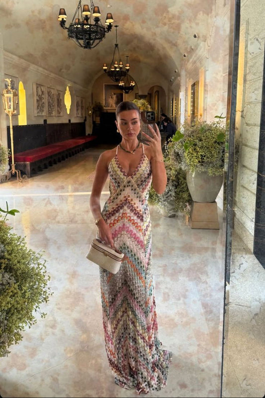 Marie | Women's V-Neck Spaghetti Strap Crochet Maxi Dress