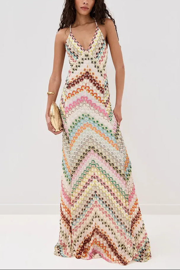 Marie | Women's V-Neck Spaghetti Strap Crochet Maxi Dress