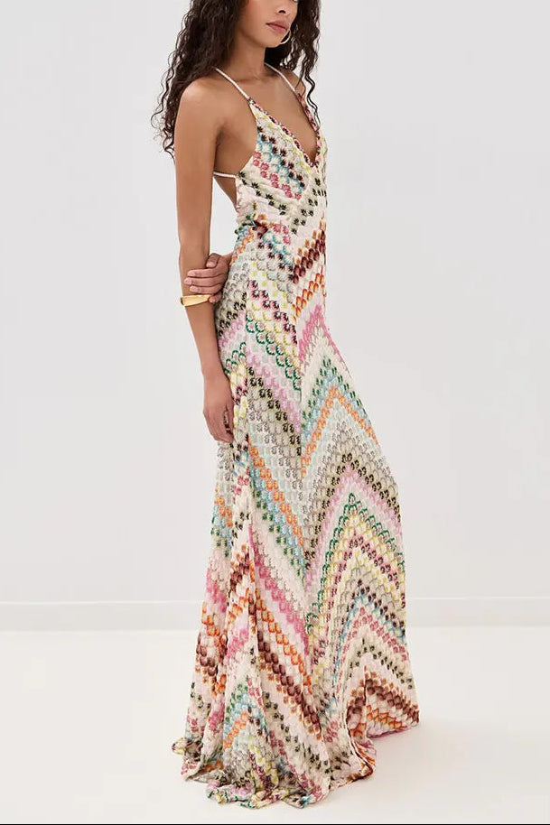 Marie | Women's V-Neck Spaghetti Strap Crochet Maxi Dress