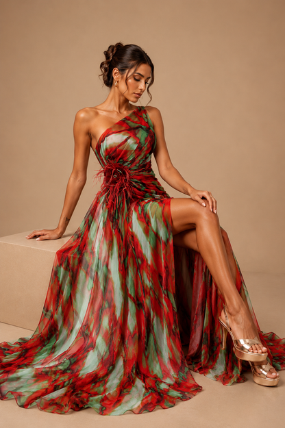 Mitchell | Women’s Abstract Print One-Shoulder Maxi Wedding Guest Dress
