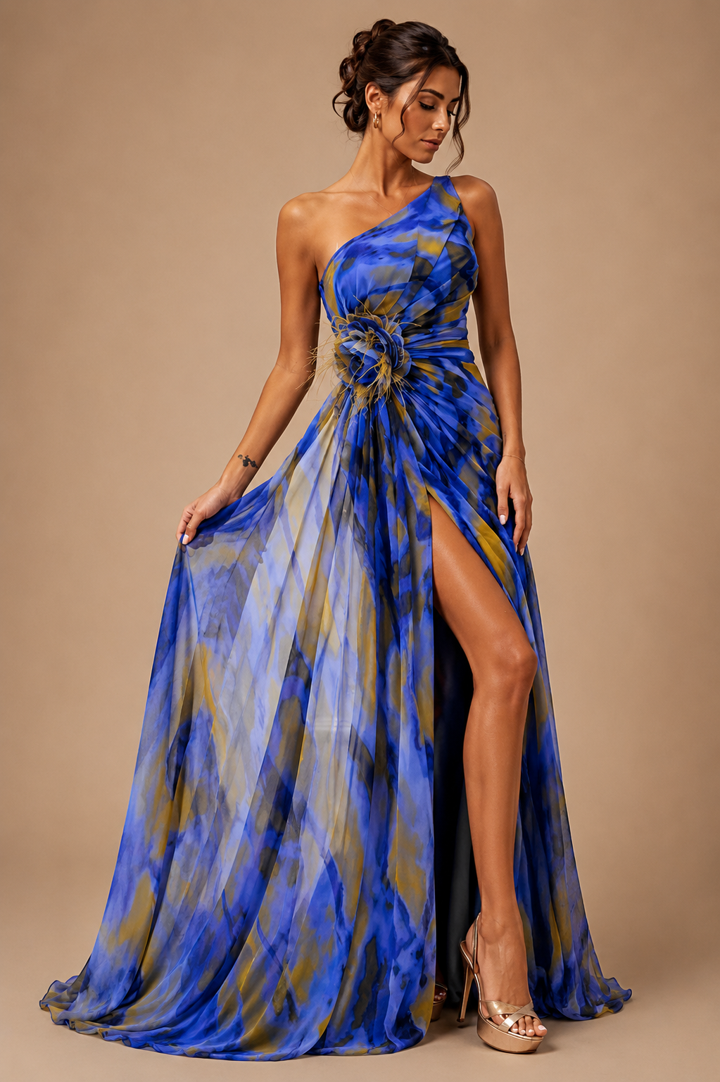 Mitchell | Women’s Abstract Print One-Shoulder Maxi Wedding Guest Dress