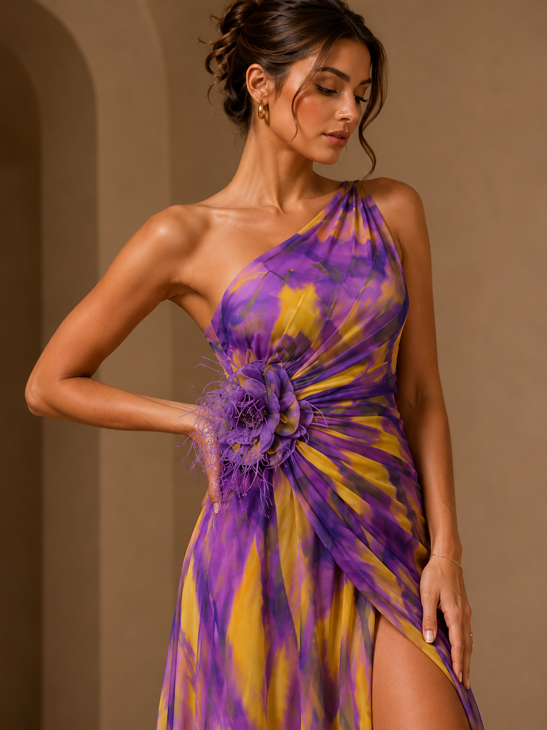 Mitchell | Women’s Abstract Print One-Shoulder Maxi Wedding Guest Dress