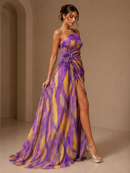 Mitchell | Women’s Abstract Print One-Shoulder Maxi Wedding Guest Dress