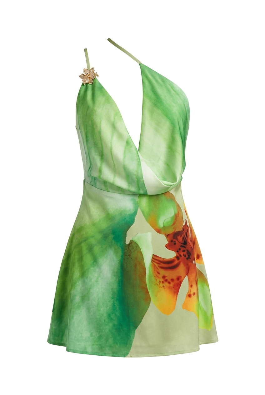 Nica | Women's Floral Print Asymmetrical Halter Mini Dress