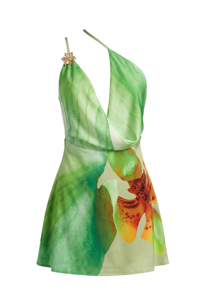 Nica | Women's Floral Print Asymmetrical Halter Mini Dress