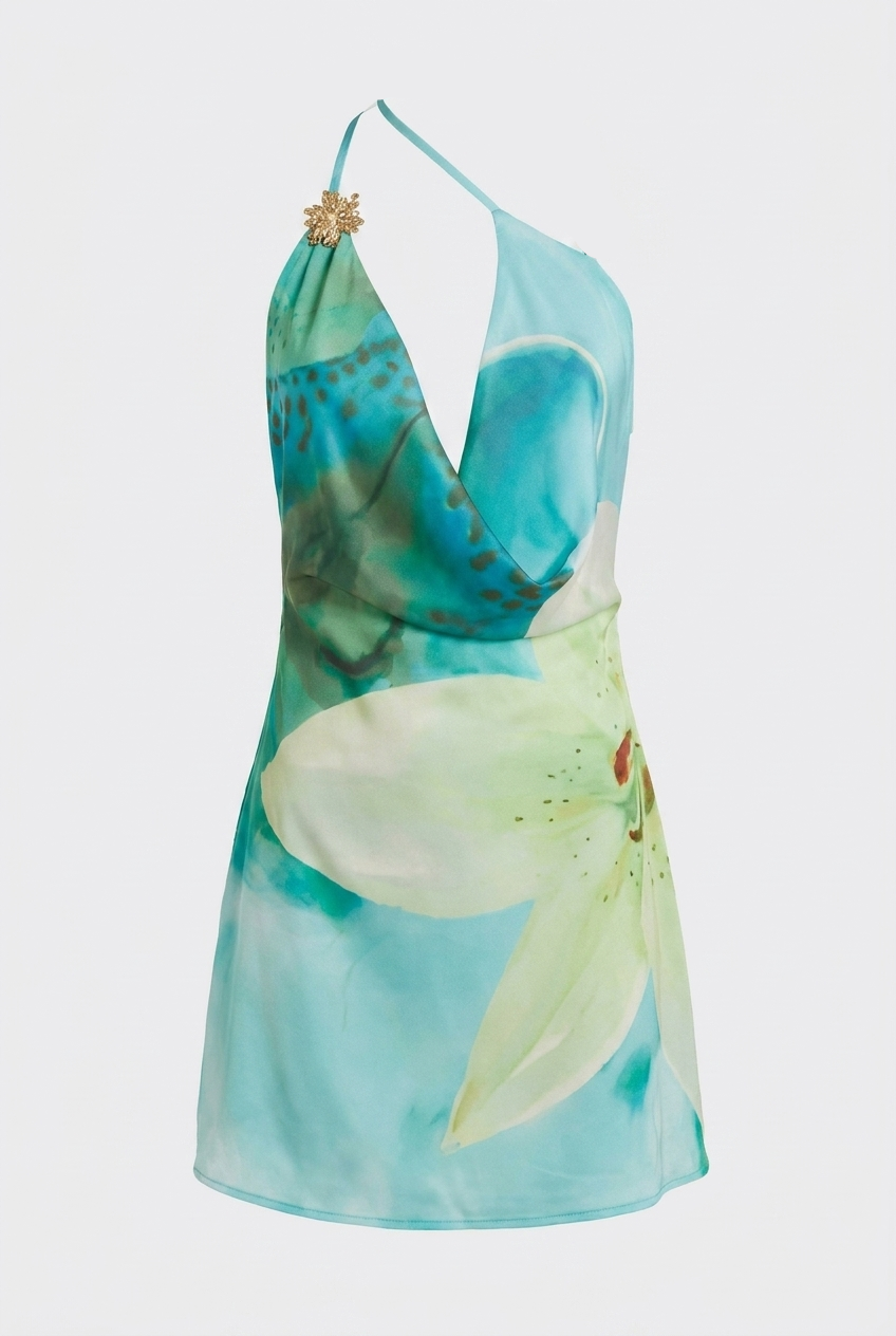 Nica | Women's Floral Print Asymmetrical Halter Mini Dress