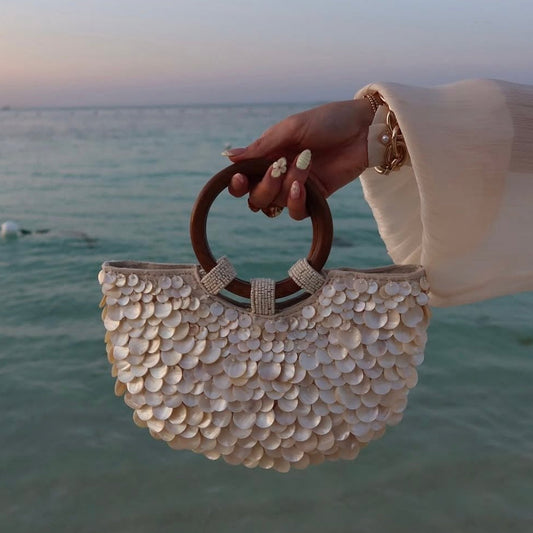 Penelope | Women’s Shell Embellished Top Handle Handbag Beach Vacation