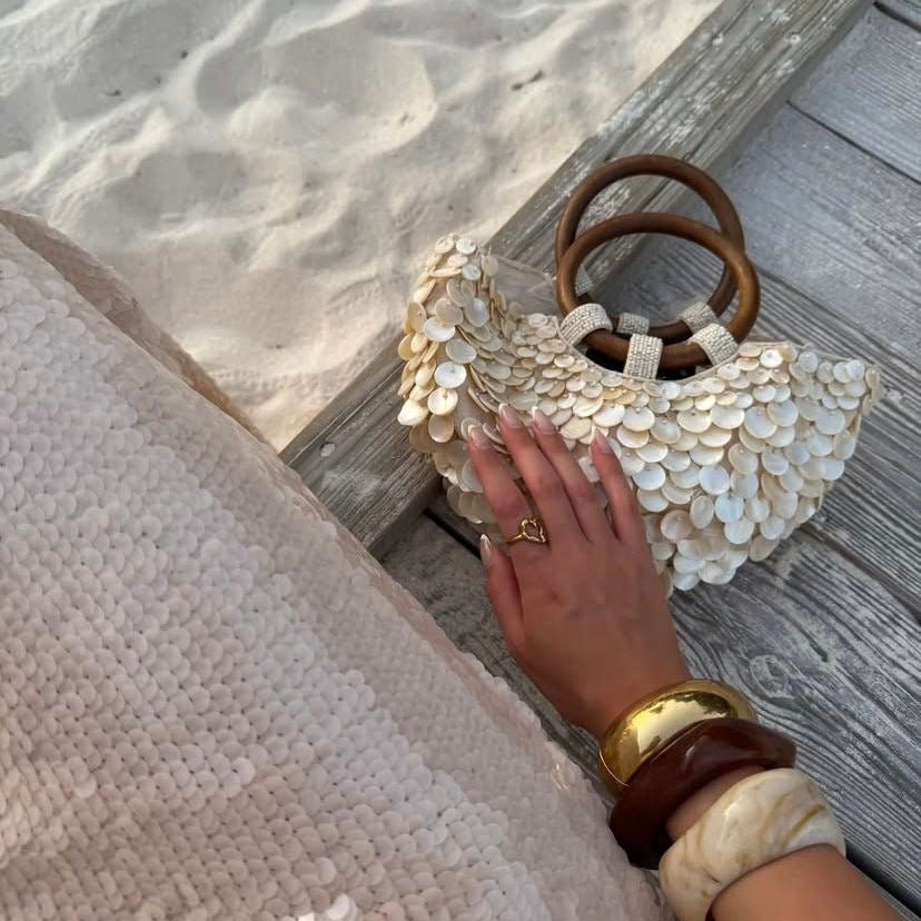 Penelope | Women’s Shell Embellished Top Handle Handbag Beach Vacation