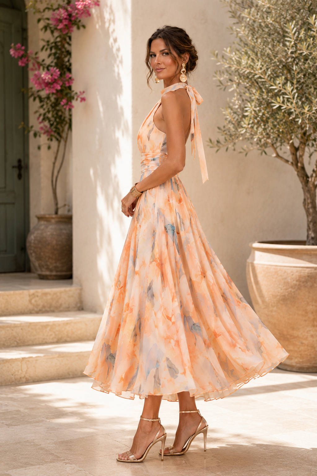 Phillipa | Women’s Abstract Print Halter Midi Wedding Guest Dress