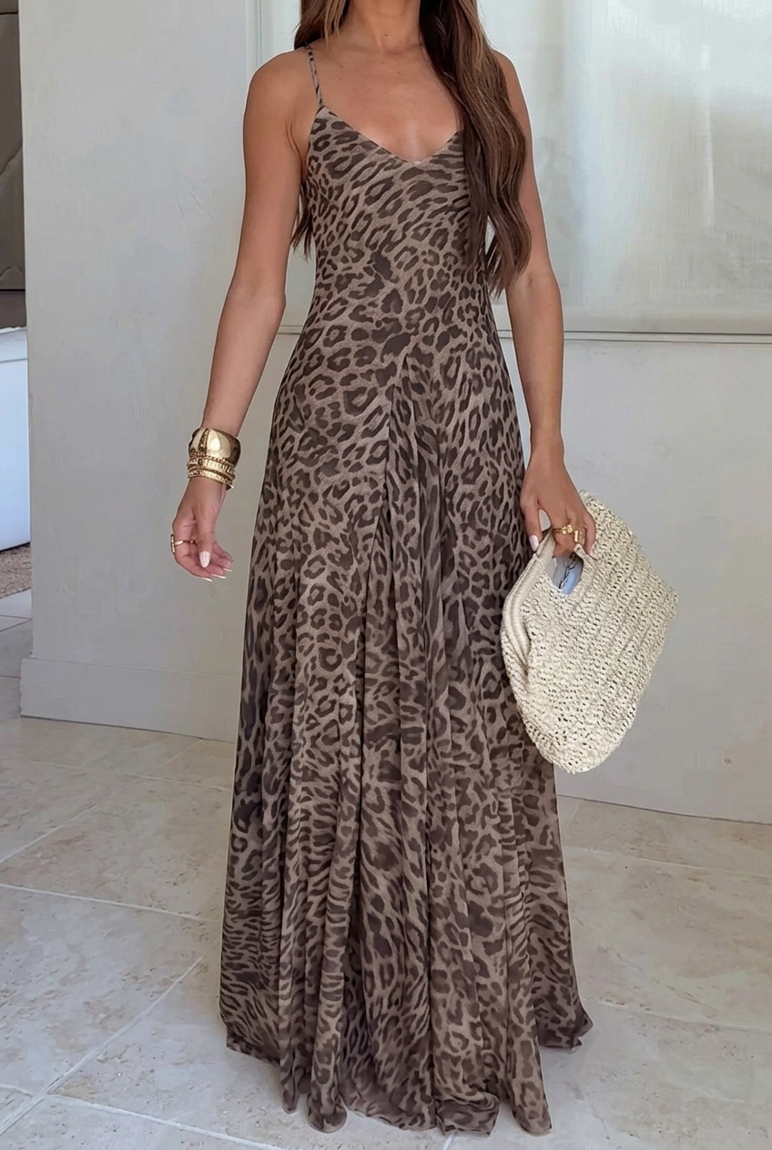 Pixie | Women's Leopard Print Spaghetti Strap Flowy Maxi Summer Dress