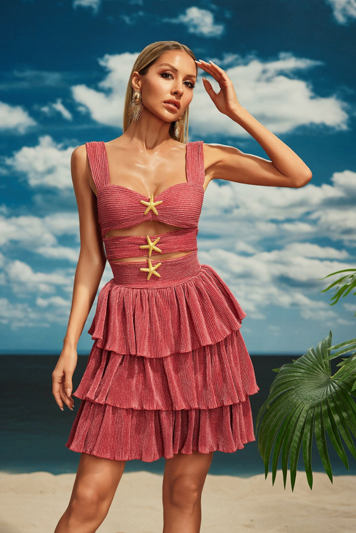 Presley | Women's Starfish Cutout Tiered Ruffle Pleated Mini Dress