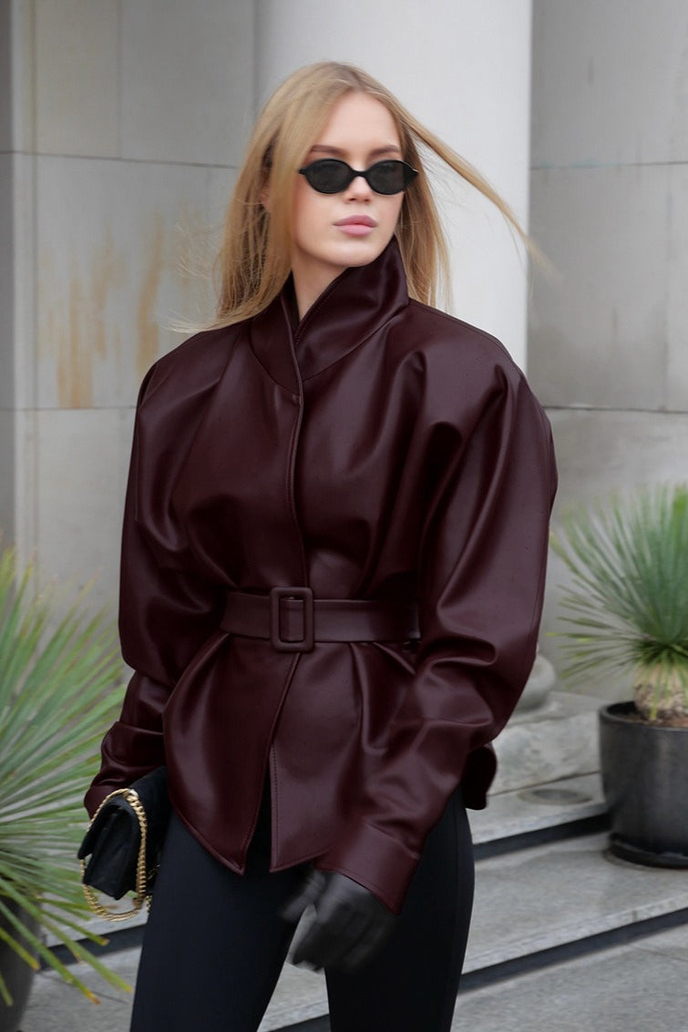 Priscilla | Women's Belted High Neck Faux Leather Jacket