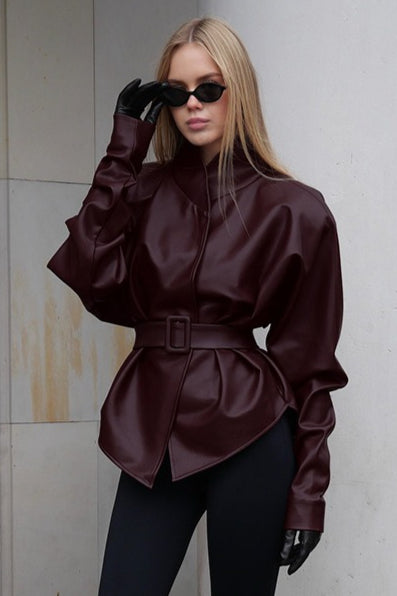 Priscilla | Women's Belted High Neck Faux Leather Jacket