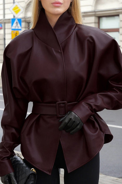 Priscilla | Women's Belted High Neck Faux Leather Jacket