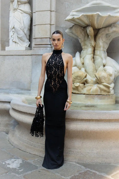Rayna | Women's High-Neck Sleeveless Backless Lace Bodycon Maxi Dress