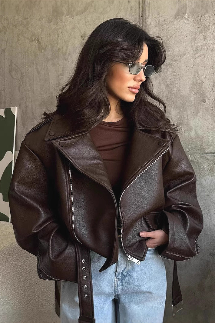 Regina | Women's Belted Oversized Faux Leather Moto Biker Jacket