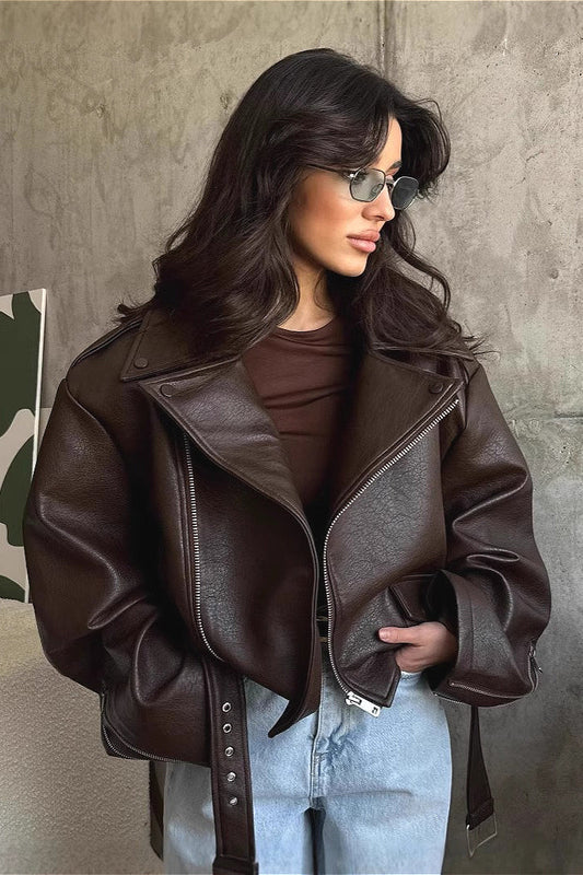 Regina | Women's Belted Oversized Faux Leather Moto Biker Jacket