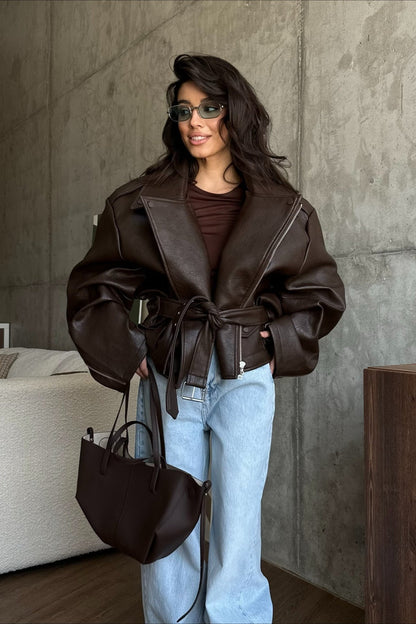 Regina | Women's Belted Oversized Faux Leather Moto Biker Jacket