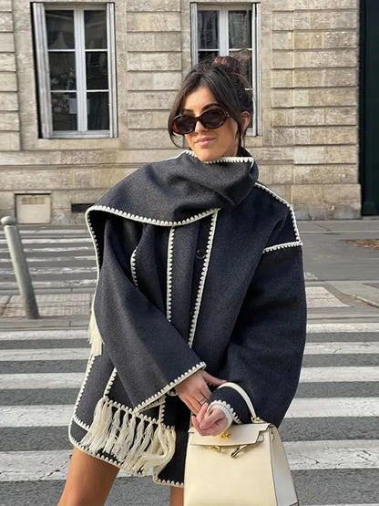Riley | Women's Embroidered Buttoned Coat with Scarf