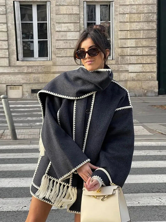 Riley | Women's Embroidered Buttoned Coat with Scarf