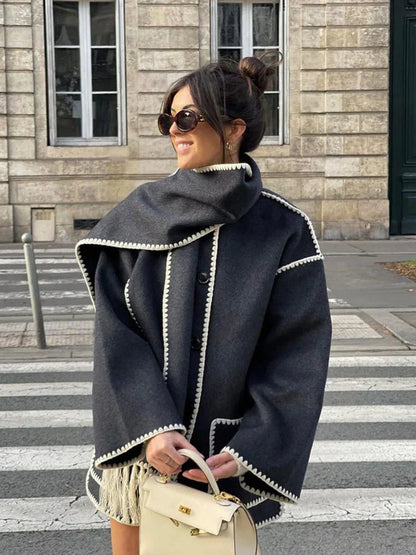 Riley | Women's Embroidered Buttoned Coat with Scarf